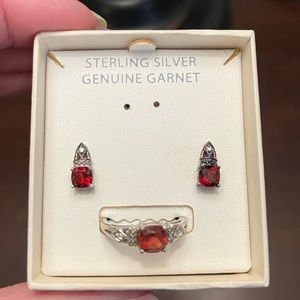 Sterling silver and Garnet earrings, and ring